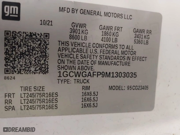 2021 Chevrolet Express Cargo Van with VIN 1GCWGAFP9M1303035, listed as a IAAI auction lot 41503211 with 55,155 mi miles. Bid and sale history available at carsss.com. Image 9.