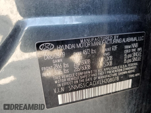 2020 Hyundai Santa Fe Limited with VIN 5NMS5CADXLH208078, listed as a Copart auction lot 52400485 with 60,683 mi miles and Salvage Title. Bid and sale history available at DreamBid. Image 13.