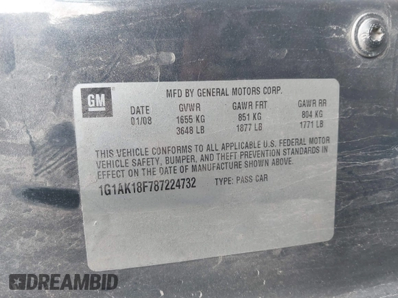 2008 Chevrolet Cobalt LS with VIN 1G1AK18F787224732, listed as a IAAI auction lot 41632286 with 155,362 mi miles and . Bid and sale history available at DreamBid. Image 9.