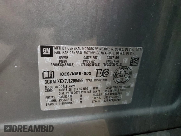 2018 GMC Terrain Denali with VIN 3GKALXEX7JL200456, listed as a Copart auction lot 61207975 with 91,028 mi miles and Salvage title. Bid and sale history available at DreamBid. Image 12.