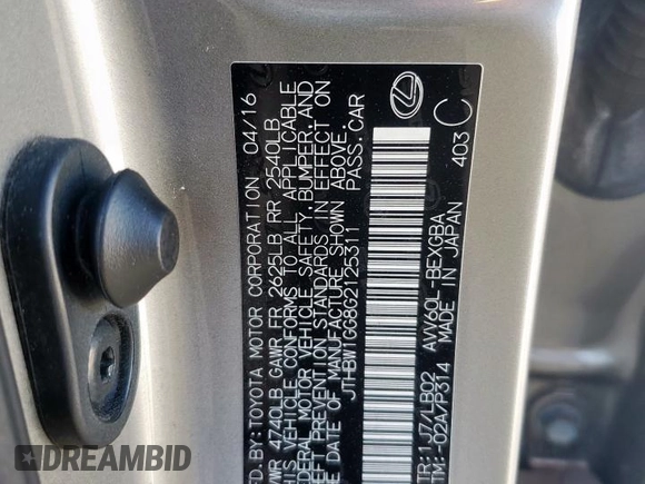 2016 Lexus ES 300h with VIN JTHBW1GG8G2125311, listed as a Copart auction lot 52635165 with 93,585 mi miles and Salvage Title. Bid and sale history available at DreamBid. Image 12.