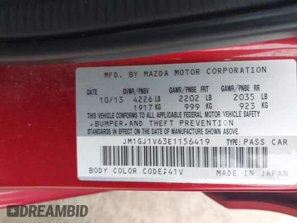 2014 Mazda 6 i Touring with VIN JM1GJ1V63E1156419, listed as a IAAI auction lot 42075808 with 200,811 mi miles. Bid and sale history available at carsss.com. Image 9.