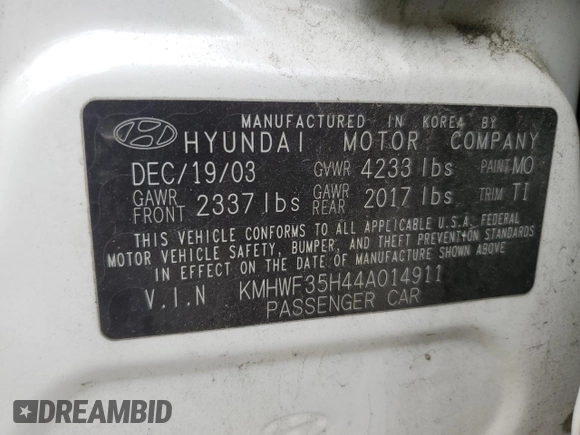 2004 Hyundai Sonata GLS with VIN KMHWF35H44A014911, listed as a Copart auction lot 47846795 with 129,920 mi miles and Salvage Title. Bid and sale history available at DreamBid. Image 14.