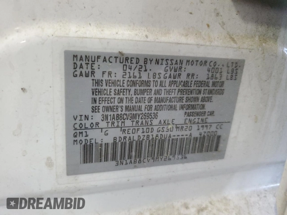 2021 Nissan Sentra SV with VIN 3N1AB8CV9MY269536, listed as a Copart auction lot 54705275 with 92,808 mi miles and Salvage title. Bid and sale history available at DreamBid. Image 12.