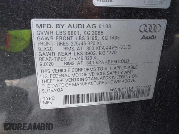 2008 Audi Q7 Premium z VIN WA1BY74L48D043933, wystawiony jako IAAI lot #42575156 z przebiegiem 201 994 mil mil oraz . Historia ofert i sprzedaży dostępna na DreamBid. Obrazek 9.