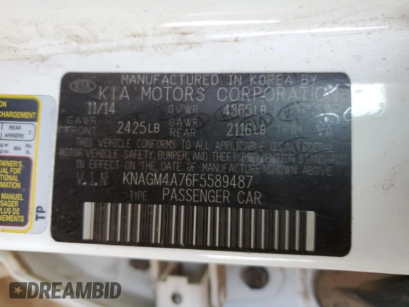 2015 Kia Optima LX with VIN KNAGM4A76F5589487, listed as a Copart auction lot 57791005 with 171,780 mi miles and Salvage title. Bid and sale history available at DreamBid. Image 12.
