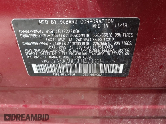 2020 Subaru Forester Limited with VIN JF2SKAUC3LH473668, listed as a IAAI auction lot 42458776 with 73,800 mi miles and . Bid and sale history available at DreamBid. Image 9.