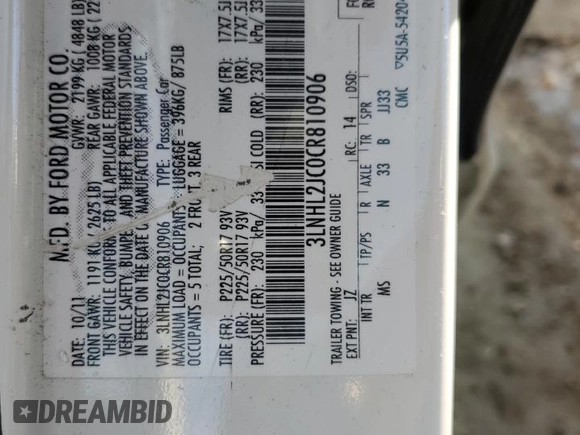2012 Lincoln MKZ with VIN 3LNHL2JC0CR810906, listed as a Copart auction lot 84970434 with 98,277 mi miles and Salvage Title. Bid and sale history available at DreamBid. Image 11.