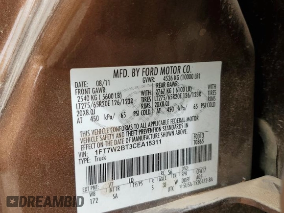 2012 Ford F-250 XL z VIN 1FT7W2BT3CEA15311, wystawiony jako Copart lot #58156465 z przebiegiem 132 625 mil mil oraz Szkoda całkowita • Salvage title. Historia ofert i sprzedaży dostępna na DreamBid. Obrazek 13.