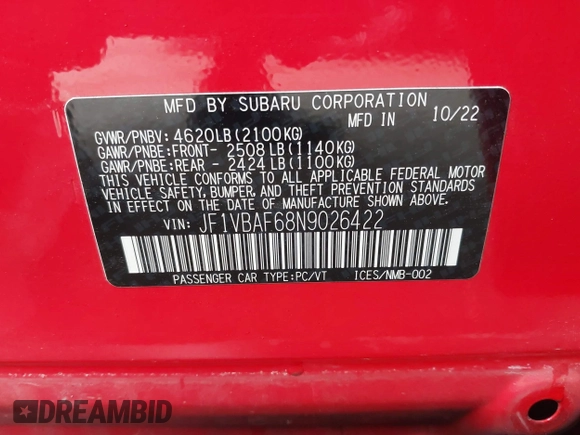 2022 Subaru WRX Premium z VIN JF1VBAF68N9026422, wystawiony jako IAAI lot #42418514 z przebiegiem 22 297 mil mil oraz . Historia ofert i sprzedaży dostępna na DreamBid. Obrazek 9.