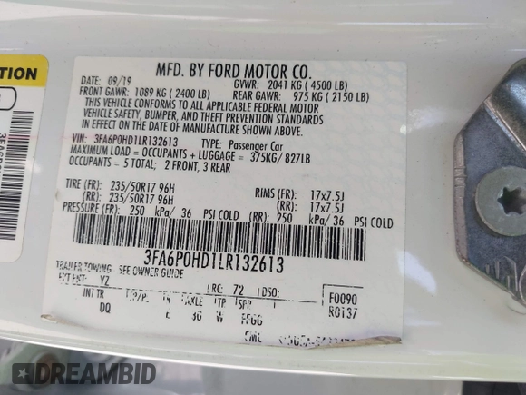2020 Ford Fusion SE with VIN 3FA6P0HD1LR132613, listed as a IAAI auction lot 42051569 with 48,324 mi miles and . Bid and sale history available at carsss.com. Image 9.