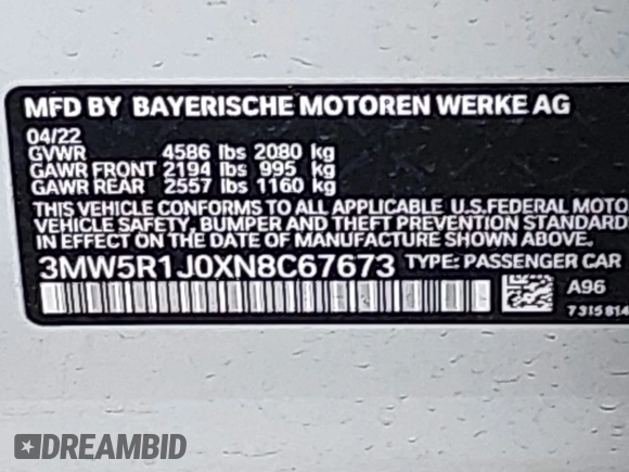 2022 BMW 3 Series 330i with VIN 3MW5R1J0XN8C67673, listed as a IAAI auction lot 41777963 with 21,812 mi miles and . Bid and sale history available at DreamBid. Image 9.