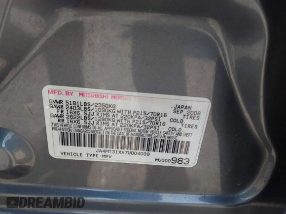 2007 Mitsubishi Outlander LS z VIN JA4MT31XX7U004009, wystawiony jako IAAI lot #42006069 z przebiegiem 222 768 mil mil oraz . Historia ofert i sprzedaży dostępna na DreamBid. Obrazek 9.