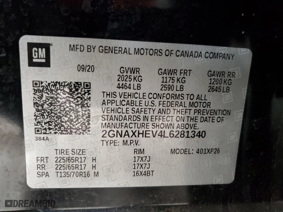2020 Chevrolet Equinox LS with VIN 2GNAXHEV4L6281340, listed as a Copart auction lot 44934705 with 57,919 mi miles and Salvage Title. Bid and sale history available at carsss.com. Image 12.