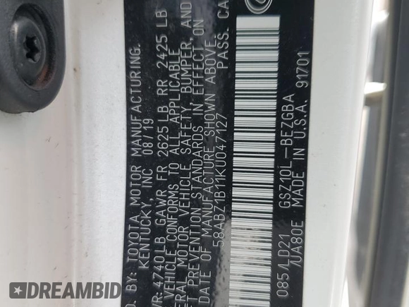 2019 Lexus ES 350 with VIN 58ABZ1B11KU047127, listed as a Copart auction lot 52189835 with 47,659 mi miles and Salvage Title. Bid and sale history available at DreamBid. Image 12.