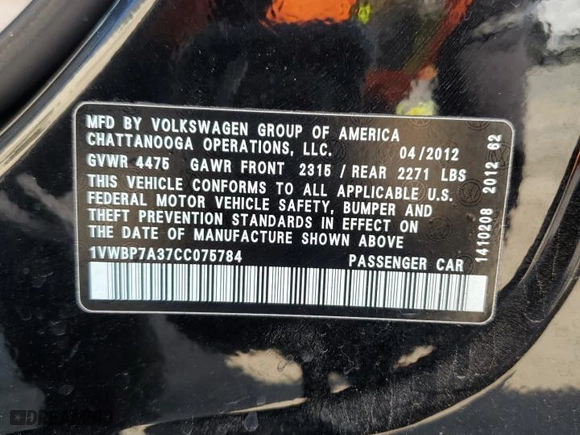 2012 Volkswagen Passat SE with VIN 1VWBP7A37CC075784, listed as a Copart auction lot 48779595 with 265,881 mi miles and Salvage Title. Bid and sale history available at carsss.com. Image 12.