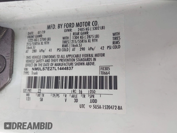 2020 Ford Transit Connect XL with VIN NM0LS7E27L1444837, listed as a IAAI auction lot 42418731 with 85,580 mi miles and . Bid and sale history available at DreamBid. Image 8.