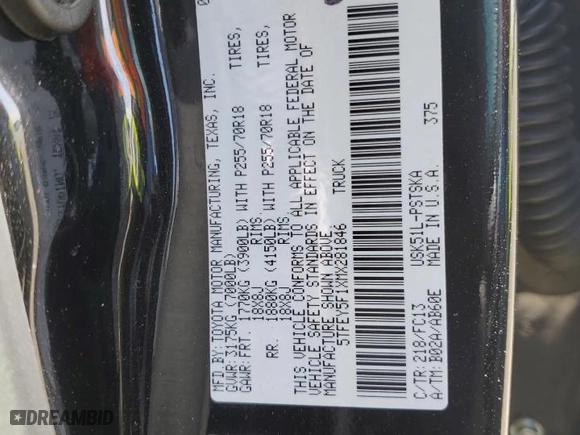 2021 Toyota Tundra 2WD SR5 with VIN 5TFEY5F1XMX281846, listed as a Copart auction lot 48339945 with 44,048 mi miles and Salvage Title. Bid and sale history available at carsss.com. Image 12.