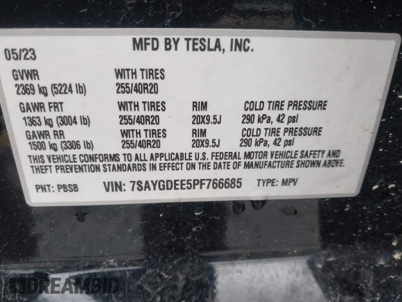 2023 Tesla Model Y Long Range with VIN 7SAYGDEE5PF766685, listed as a IAAI auction lot 41933729 with 25,959 mi miles and . Bid and sale history available at DreamBid. Image 9.