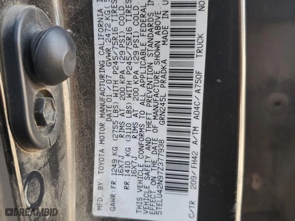 2007 Toyota Tacoma with VIN 5TELU42N97Z377938, listed as a Copart auction lot 47017915 with 273,730 mi miles and Salvage Title. Bid and sale history available at carsss.com. Image 14.