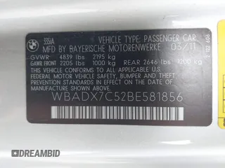 2011 BMW 3 Series 335i with VIN WBADX7C52BE581856, listed as a IAAI auction lot 41911781 with 130,606 mi miles and . Bid and sale history available at DreamBid. Image 9.