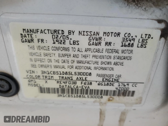 2005 Nissan Sentra 1.8 with VIN 3N1CB51D85L530008, listed as a Copart auction lot 55095395 with 164,336 mi miles and Salvage Title. Bid and sale history available at DreamBid. Image 12.