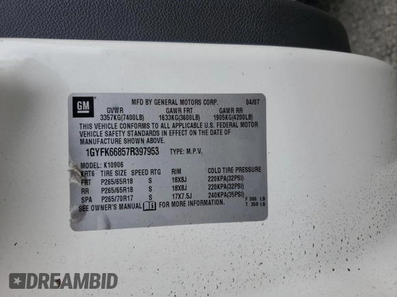 2007 Cadillac Escalade ESV с VIN 1GYFK66857R397953, выставлен на аукционе Copart как лот 51764025 с пробегом 174 291 миль миль и Списание • Salvage title. История ставок и продаж доступна на DreamBid. Изображение 15.