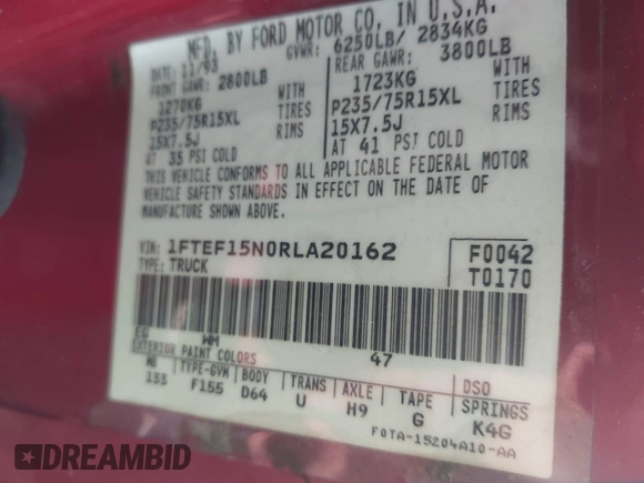 1994 Ford F-150 with VIN 1FTEF15N0RLA20162, listed as a IAAI auction lot 42751543 with 107,511 mi miles and . Bid and sale history available at DreamBid. Image 9.