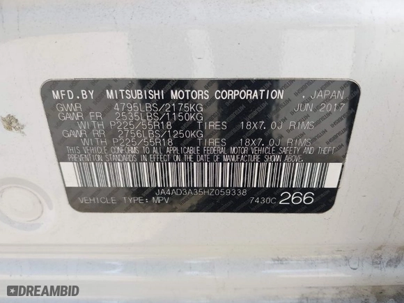 2017 Mitsubishi Outlander SE with VIN JA4AD3A35HZ059338, listed as a IAAI auction lot 41992004 with 120,071 mi miles. Bid and sale history available at carsss.com. Image 9.