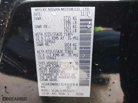 2014 Nissan Pathfinder Platinum with VIN 5N1AR2MN9EC646084, listed as a IAAI auction lot 41741038 with 211,525 mi miles. Bid and sale history available at carsss.com. Image 9.