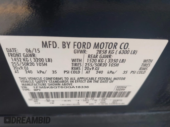 2016 Ford Explorer Sport with VIN 1FM5K8GT6GGA18336, listed as a IAAI auction lot 42498218 with 158,547 mi miles and . Bid and sale history available at DreamBid. Image 9.