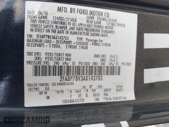 2010 Ford Police Interceptor with VIN 2FABP7BV3AX143703, listed as a IAAI auction lot 42005604 with 93,009 mi miles and . Bid and sale history available at DreamBid. Image 9.