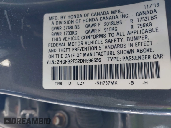 2013 Honda Civic LX with VIN 2HGFB2F52DH596556, listed as a IAAI auction lot 42054070 with 129,721 mi miles and . Bid and sale history available at DreamBid. Image 9.