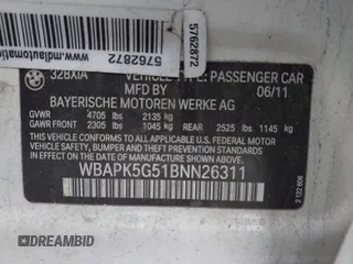 2011 BMW 3 Series 328i xDrive with VIN WBAPK5G51BNN26311, listed as a IAAI auction lot 42437699 with 168,247 mi miles and . Bid and sale history available at DreamBid. Image 9.