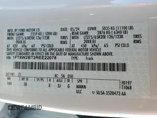 2024 Ford F-250 XL with VIN 1FT8W2BT2REE22078, listed as a Copart auction lot 56710005 with 5,306 mi miles and Salvage title. Bid and sale history available at DreamBid. Image 14.