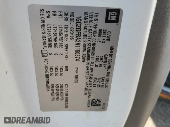 2010 Chevrolet Express Cargo with VIN 1GCZGFBA3A1166374, listed as a Copart auction lot 74968214 with 201,958 mi miles and Salvage title. Bid and sale history available at DreamBid. Image 12.