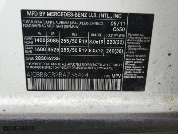 2011 Mercedes-Benz M-Class ML 350 with VIN 4JGBB8GB2BA736424, listed as a Copart auction lot 45556915 with 110,706 mi miles and Salvage Title. Bid and sale history available at carsss.com. Image 13.