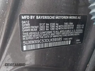 2013 BMW X3 xDrive28i z VIN 5UXWX9C53DLK59585, wystawiony jako IAAI lot #42186167 z przebiegiem 174 966 mil mil oraz . Historia ofert i sprzedaży dostępna na DreamBid. Obrazek 9.