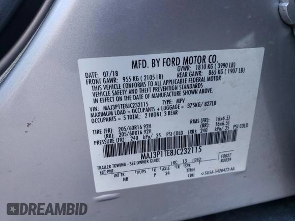 2018 Ford EcoSport SE z VIN MAJ3P1TE8JC232115, wystawiony jako Copart lot #42735024 z przebiegiem 57 402 mil mil oraz Nie do naprawy • Non repairable. Historia ofert i sprzedaży dostępna na DreamBid. Obrazek 12.