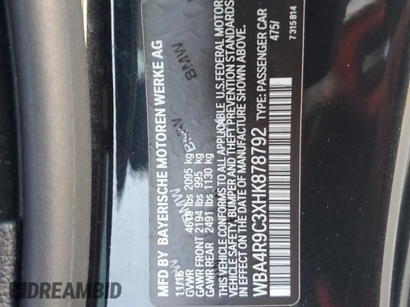 2017 BMW 4 Series 430i xDrive with VIN WBA4R9C3XHK878792, listed as a Copart auction lot 87185944 with 102,929 mi miles and Salvage Title. Bid and sale history available at DreamBid. Image 14.