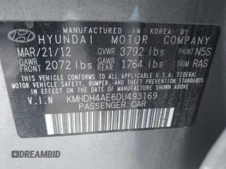 2013 Hyundai Elantra Limited with VIN KMHDH4AE6DU493169, listed as a IAAI auction lot 41507048 with 89,404 mi miles and . Bid and sale history available at DreamBid. Image 9.
