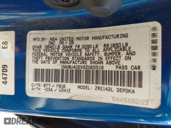 2009 Toyota Corolla with VIN 1NXBU40EX9Z065519, listed as a IAAI auction lot 42057981 with 201,480 mi miles. Bid and sale history available at carsss.com. Image 9.