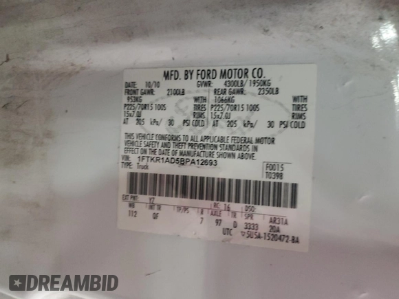 2011 Ford Ranger XL with VIN 1FTKR1AD5BPA12693, listed as a Copart auction lot 45385885 with 163,306 mi miles and Salvage Title. Bid and sale history available at DreamBid. Image 12.