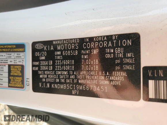 2021 Kia Sedona LX with VIN KNDMB5C19M6673451, listed as a Copart auction lot 78464884 with 70,498 mi miles and Salvage Title. Bid and sale history available at carsss.com. Image 13.