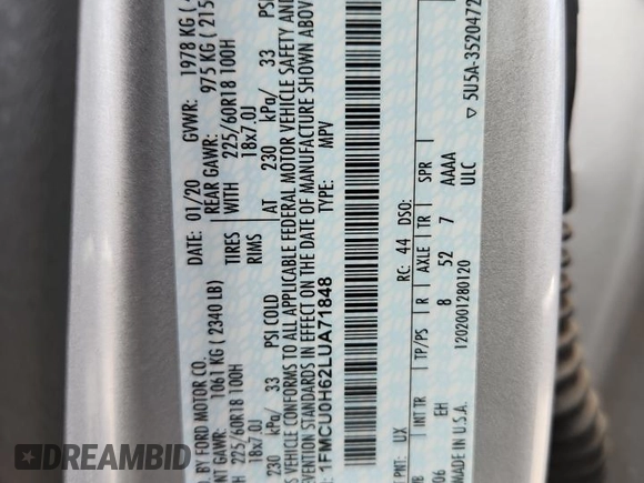 2020 Ford Escape SEL with VIN 1FMCU0H62LUA71848, listed as a Copart auction lot 60888705 with 70,759 mi miles and Salvage title. Bid and sale history available at DreamBid. Image 13.