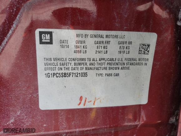 2015 Chevrolet Cruze LT with VIN 1G1PC5SB5F7121035, listed as a Copart auction lot 51914995 with 97,746 mi miles and Salvage Title. Bid and sale history available at carsss.com. Image 12.