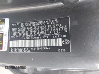 2008 Toyota Camry LE z VIN 4T4BE46K98R013524, wystawiony jako IAAI lot #42234537 z przebiegiem Nie podano mil oraz . Historia ofert i sprzedaży dostępna na DreamBid. Obrazek 9.