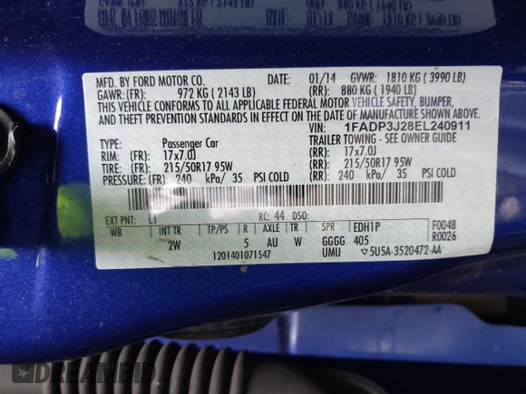 2014 Ford Focus Titanium with VIN 1FADP3J28EL240911, listed as a IAAI auction lot 42082812 with 144,625 mi miles. Bid and sale history available at carsss.com. Image 9.