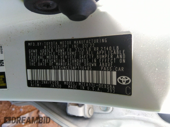 2022 Toyota Corolla SE with VIN 5YFS4MCE5NP110485, listed as a IAAI auction lot 41236740 with 52,727 mi miles. Bid and sale history available at carsss.com. Image 9.