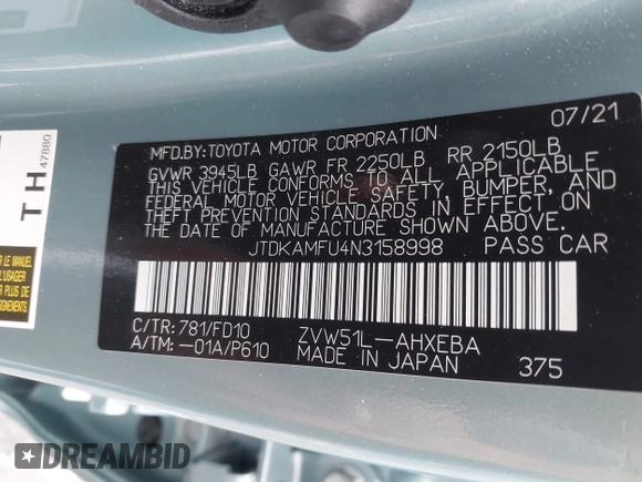 2022 Toyota Prius L Eco with VIN JTDKAMFU4N3158998, listed as a IAAI auction lot 42625041 with 43,033 mi miles and . Bid and sale history available at DreamBid. Image 9.